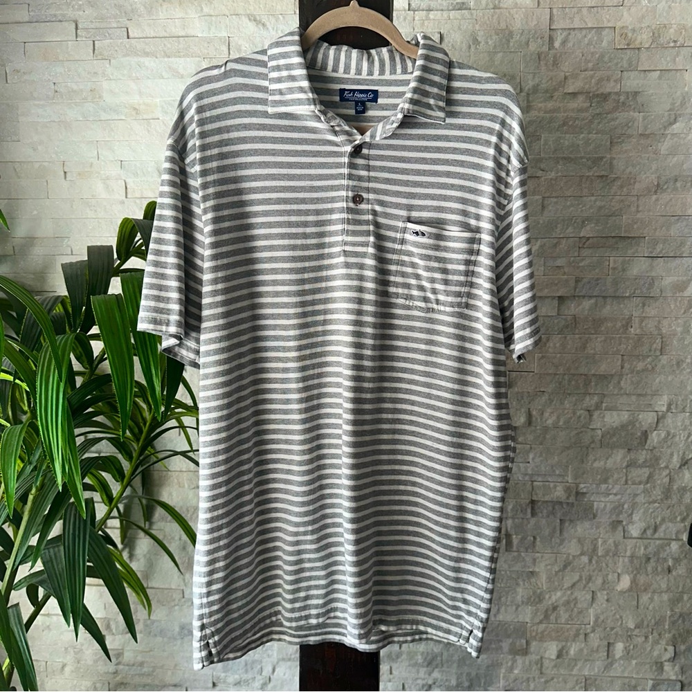 Fish Hippie Co. White Grey Stripe Performance Outdoor Fishing Polo Size L